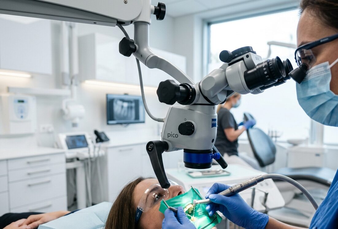 Tratamento de Endodontia com microscópio clínico e precisão odontológica